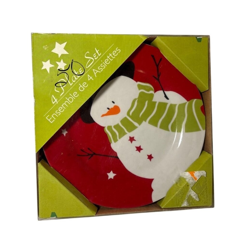 Snowman Plates Set of 4 Red Green Holiday Design 7.5 Inch Ceramic Winter Festive